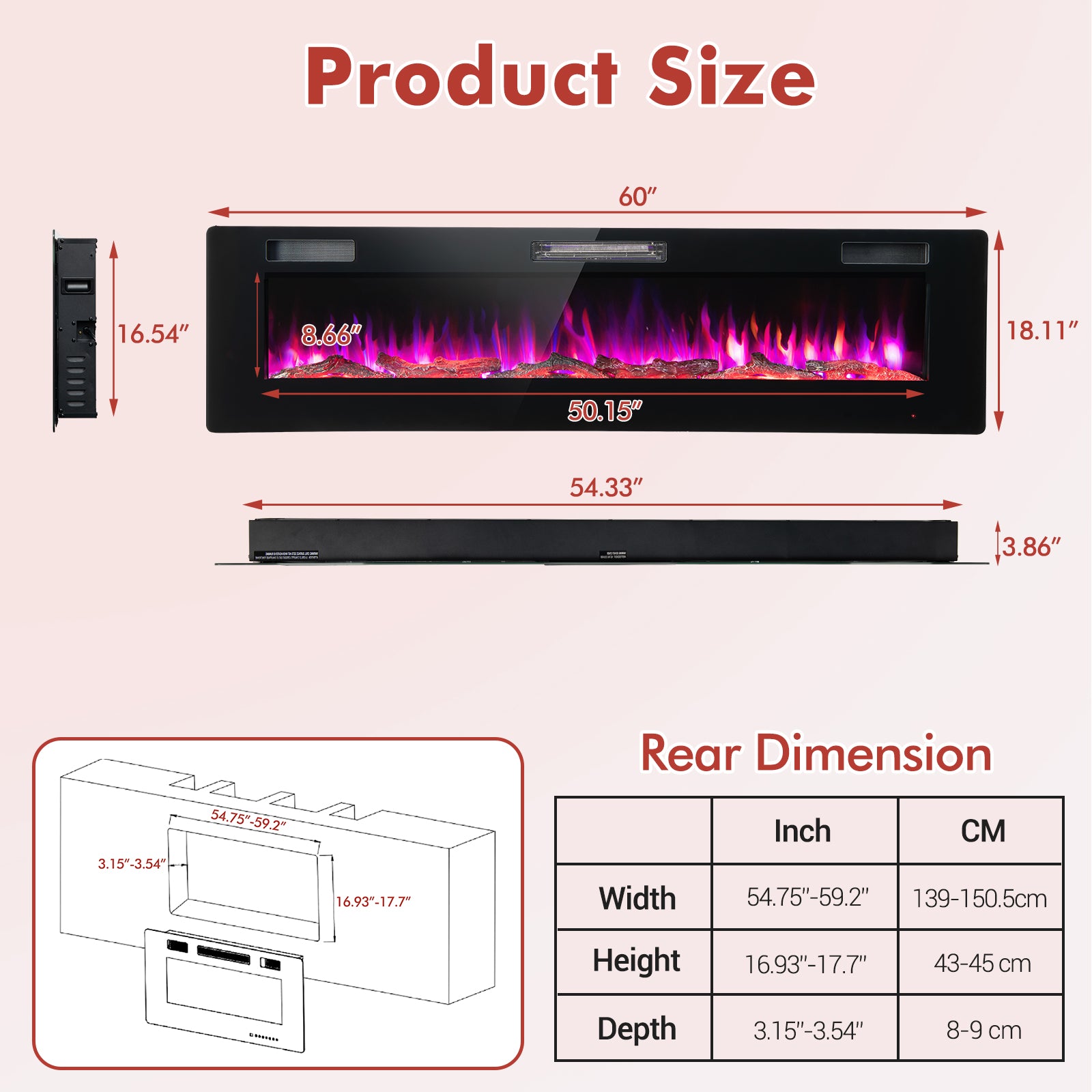 60 Inches Ultra-thin Electric Fireplace with Remote Control and Timer Function