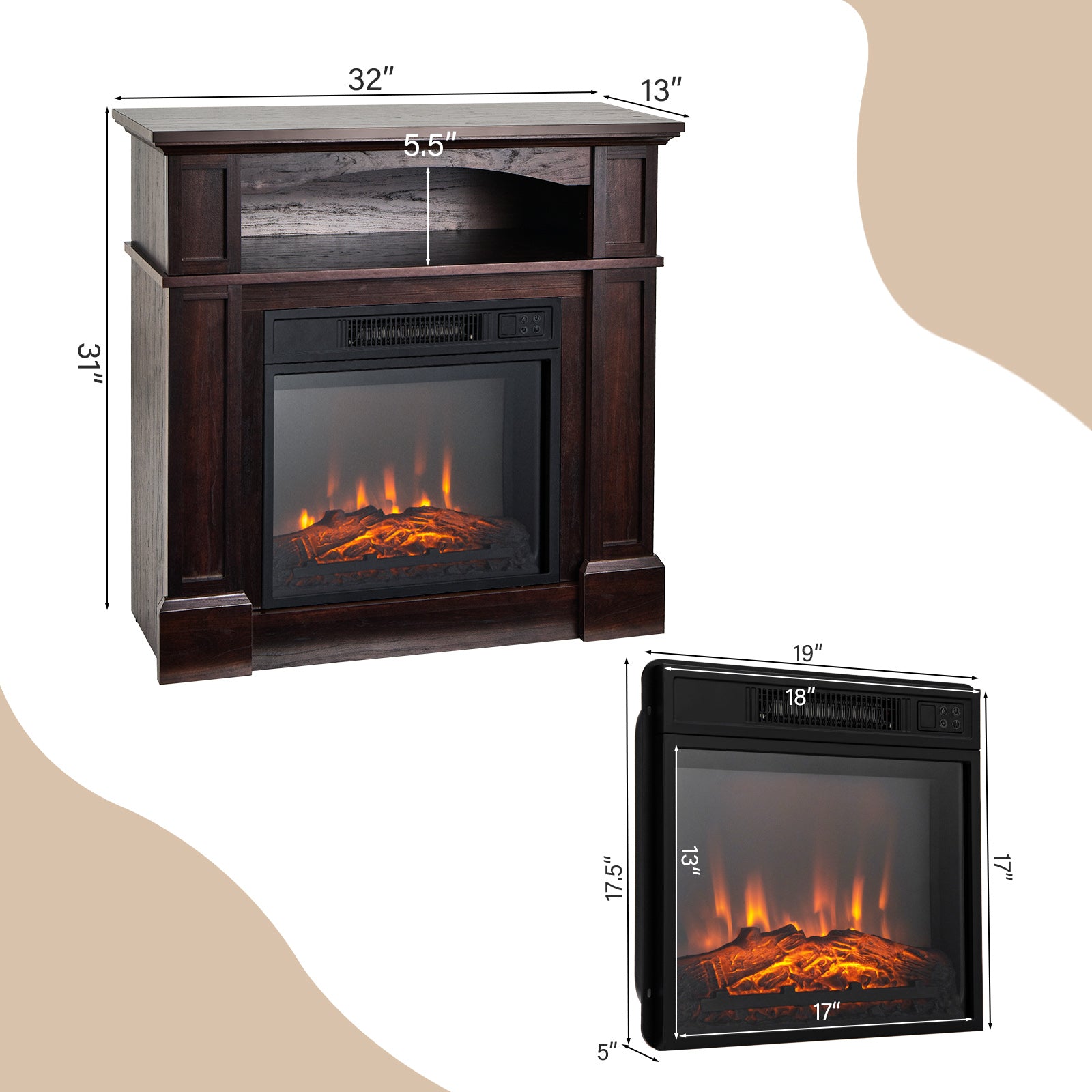 32 Inch 1400W Electric TV Stand Fireplace with Shelf-Natural
