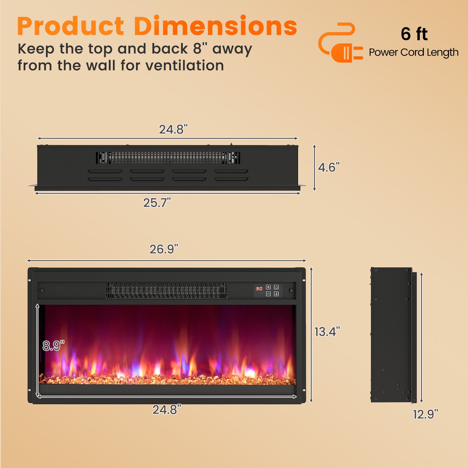 18/23/26 Inch 1500W Electric Fireplace Insert with Remote Control-26 inches
