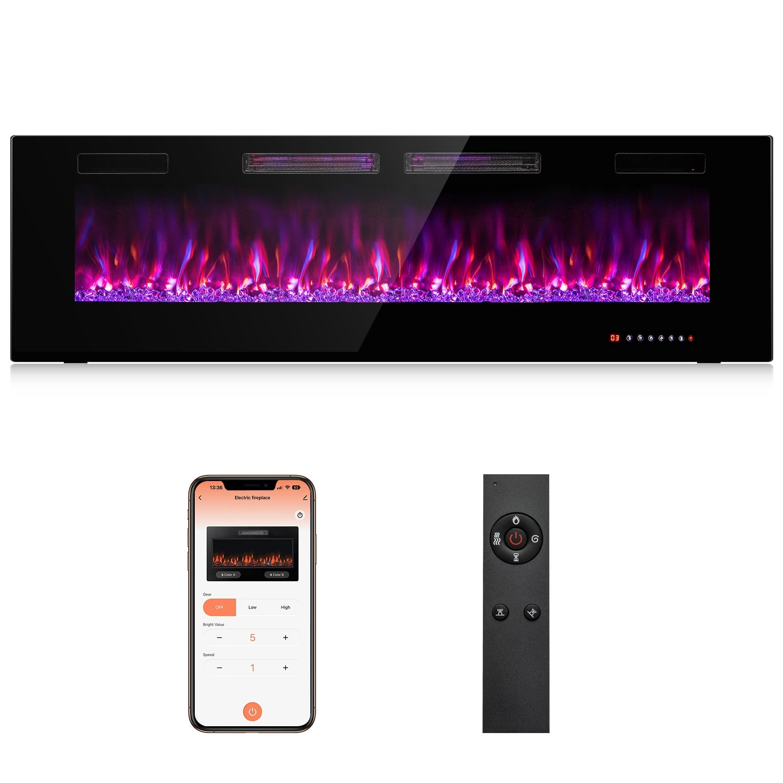 42/50/60/72 Inch Ultra-Thin Electric Fireplace with Decorative Crystals-60 inches