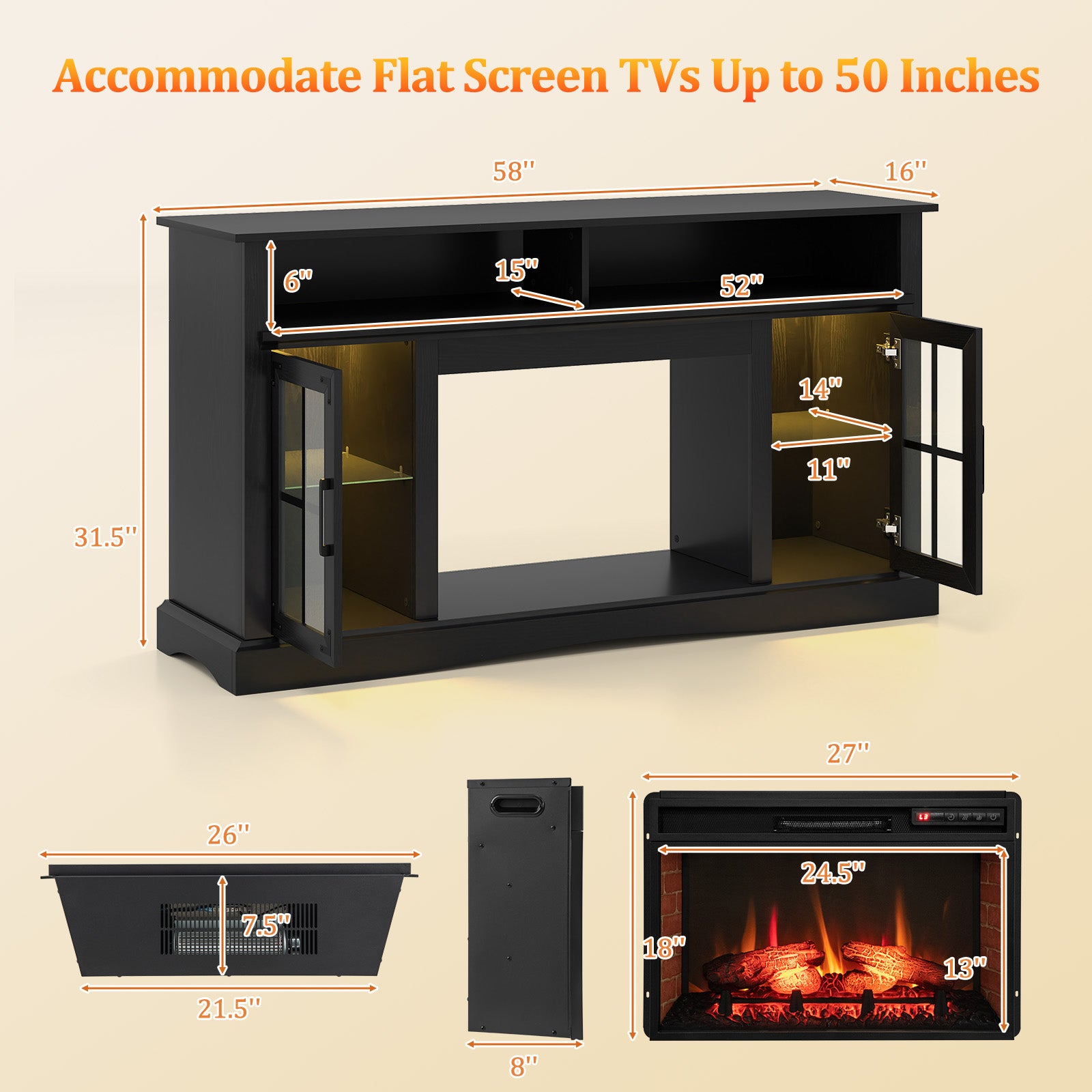 Fireplace TV Stand with Remote Controls and Thermostat for TVs Up to 50 Inch-Black