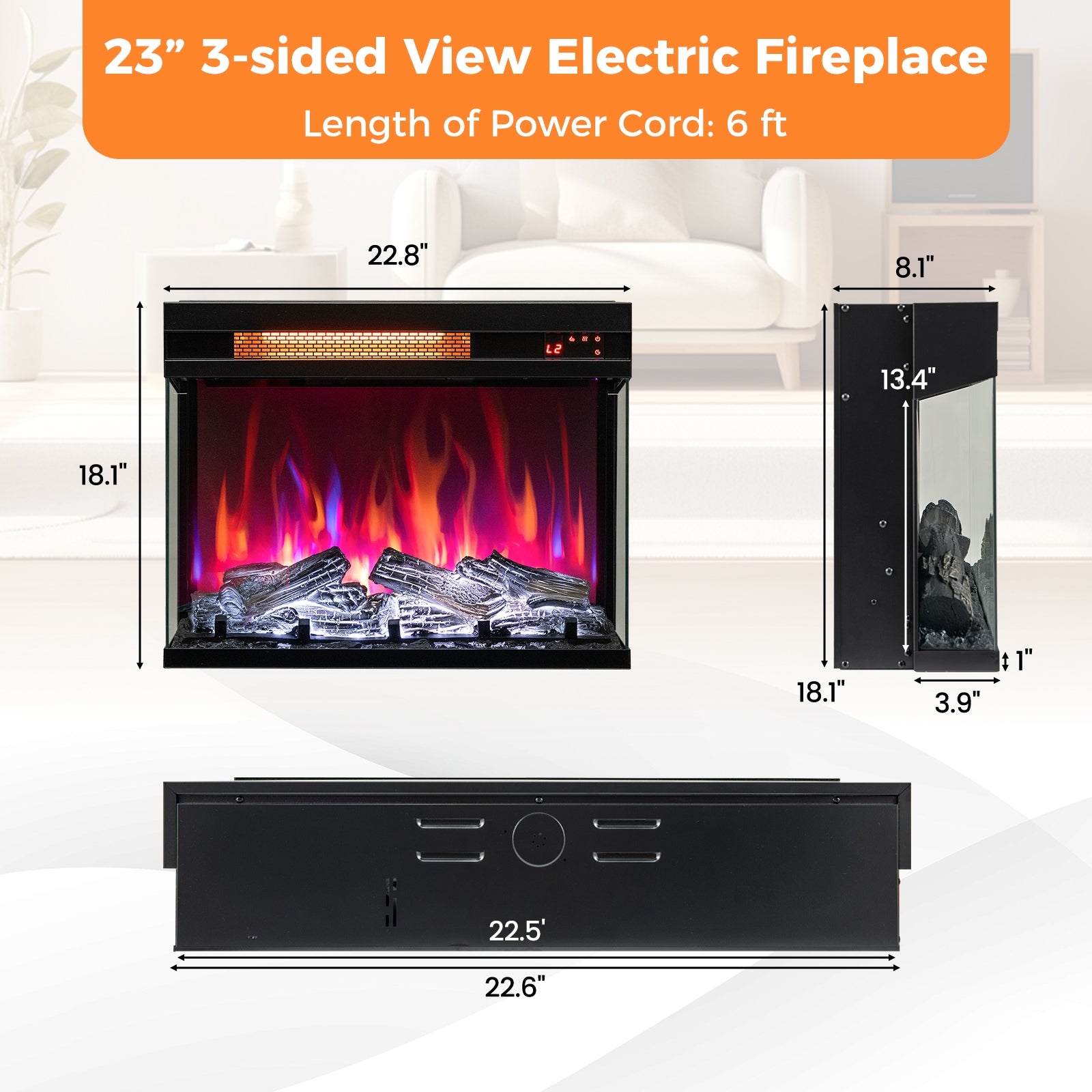 23 Inch 3-Sided Electric Fireplace 1500W Recessed Fireplace Insert-Black