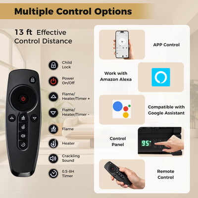 26 Inch WiFi Infrared Quartz Electric Fireplace Insert Logs Heater with Realistic Pinewood Logs-Black