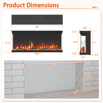 36/40/50/60 Inch Wide 3-Sided Electric Fireplace Insert with Remote Control and 12 Flame Colors-40 inches
