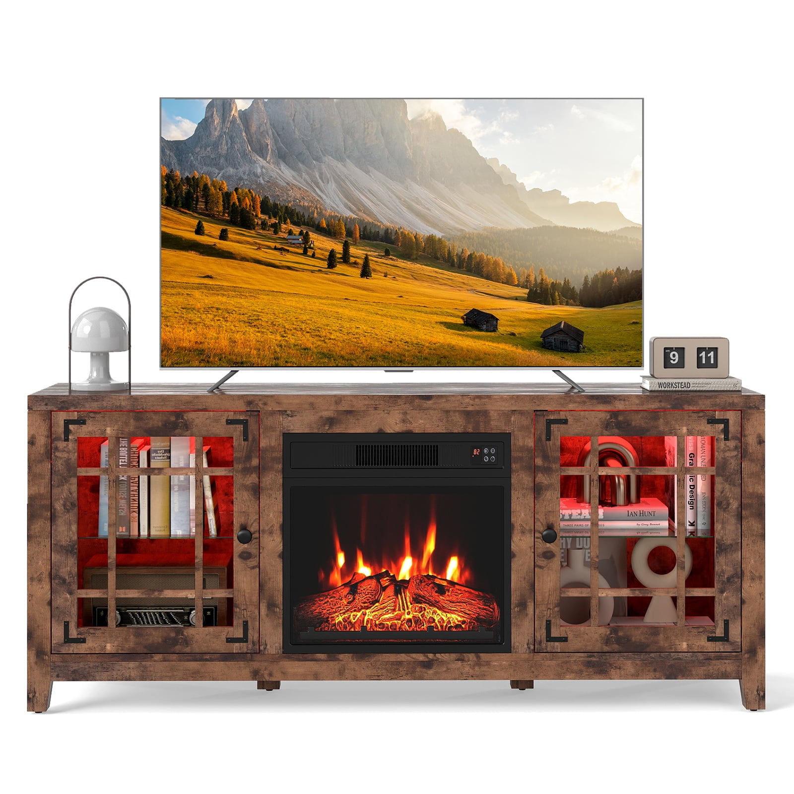 58" Fireplace TV Stand with LED Lights and 18" Electric Fireplace-Rustic Brown