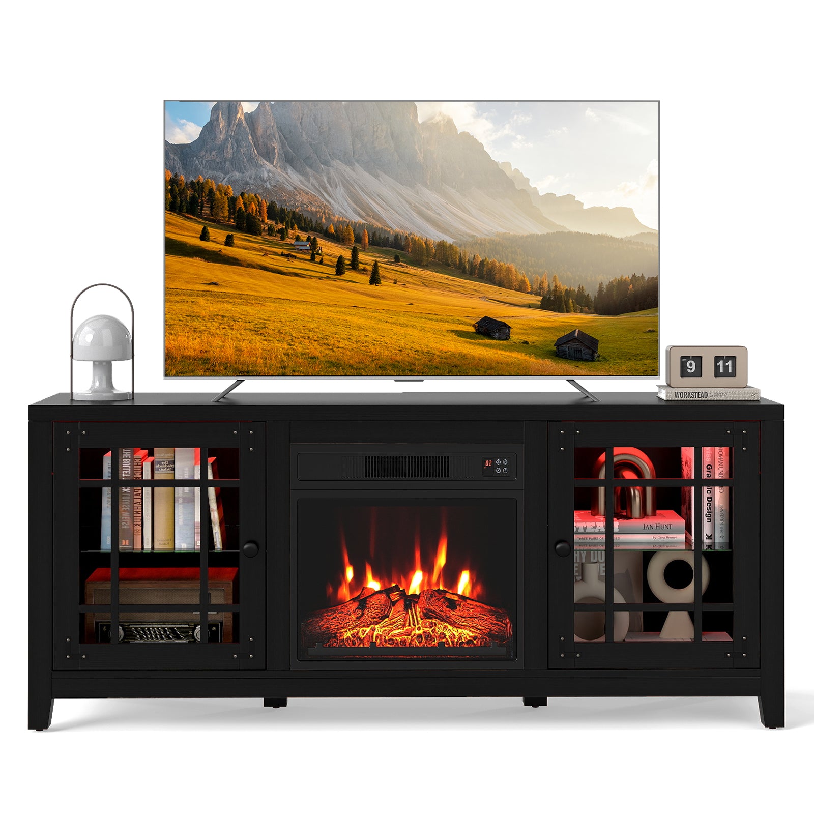 58" Fireplace TV Stand with LED Lights and 18" Electric Fireplace-Black