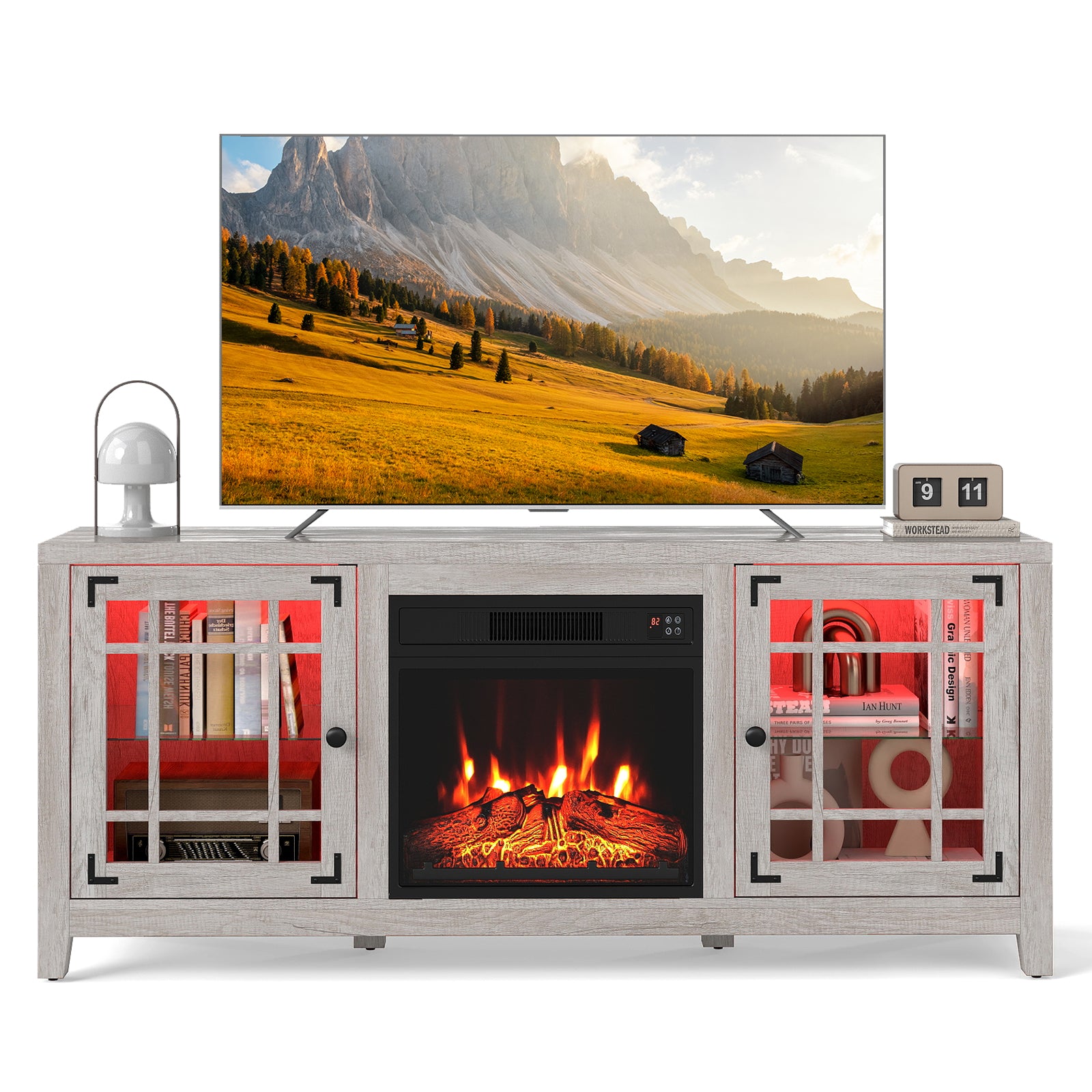 58" Fireplace TV Stand with LED Lights and 18" Electric Fireplace-Natural