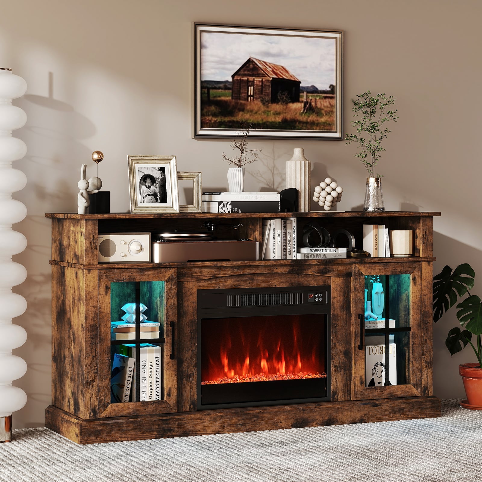 58 Inch Fireplace TV Stand with LED Lights with Storage Cabinets and Glass Doors-Rustic Brown