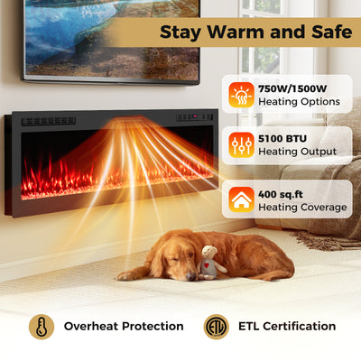 Smart WiFi Electric Fireplace Wall Mounted & Recessed 750W/1500W Heater-68 Inch
