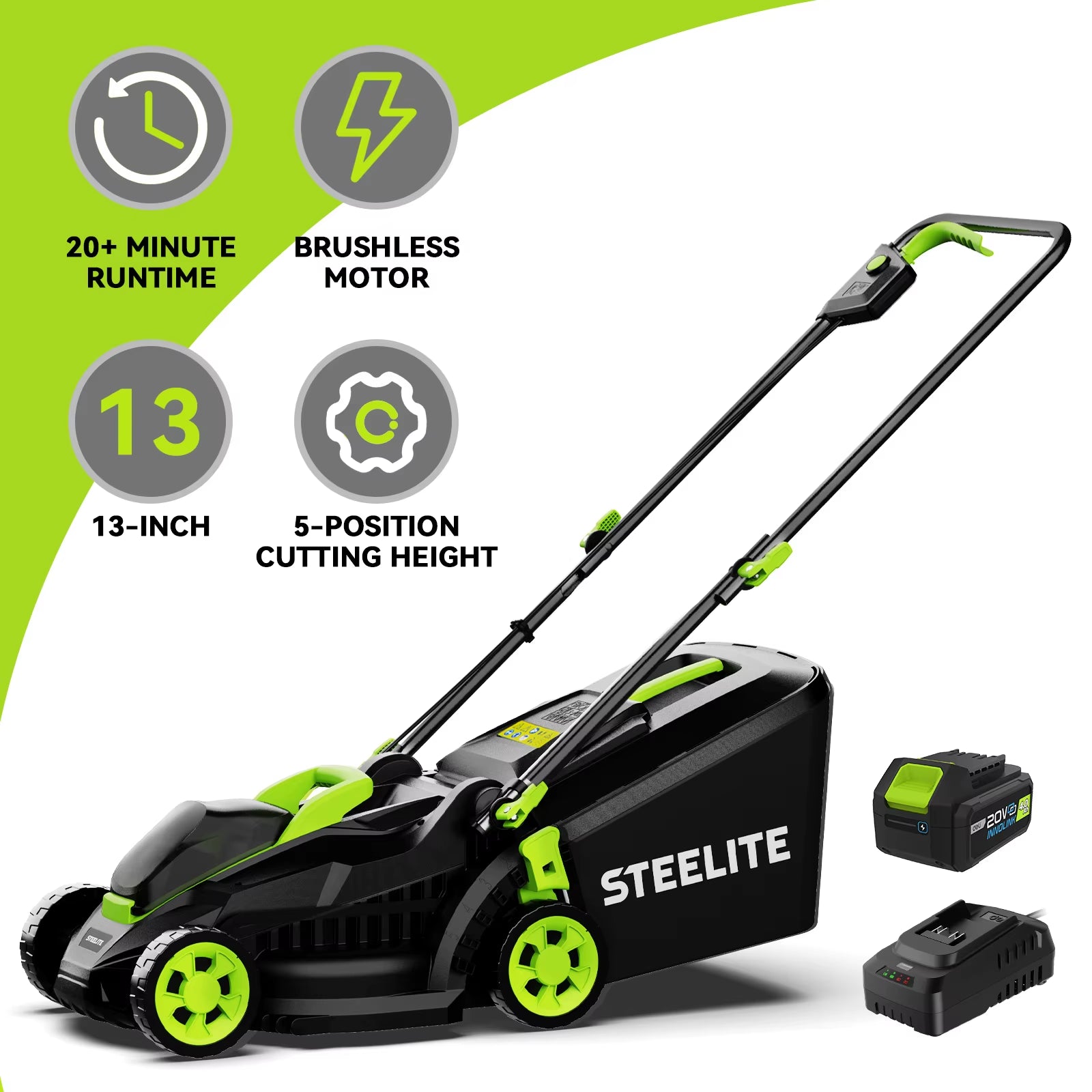 13" Electric Lawn Mower, 2-In-1 Lightweight Cordless Lawn Mower Brushless with 21V 4.0Ah Battery and Charger