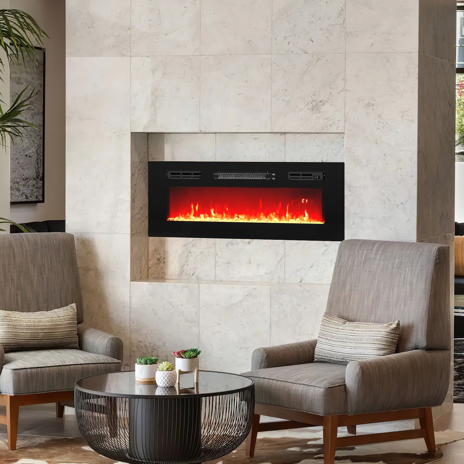36 Inches Electric Fireplace Heater Recessed with LED Strip Lights and Remote Control
