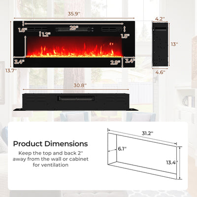 36 Inches Electric Fireplace Heater Recessed with LED Strip Lights and Remote Control