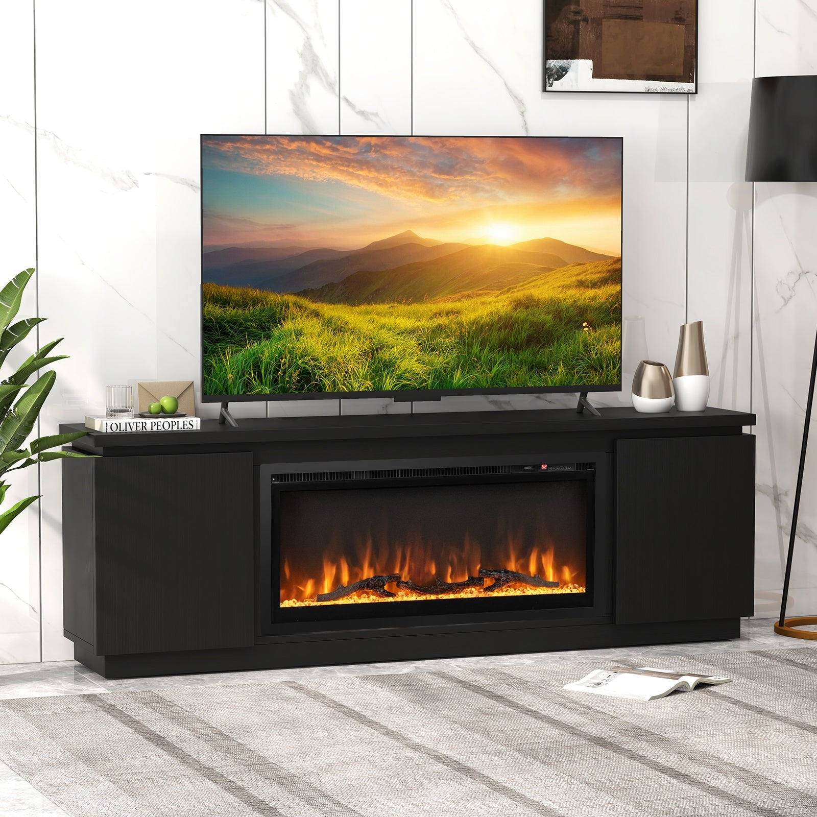 Fireplace TV Stand for TVs up to 80 Inch with 3 Adjustable Shelves-Black